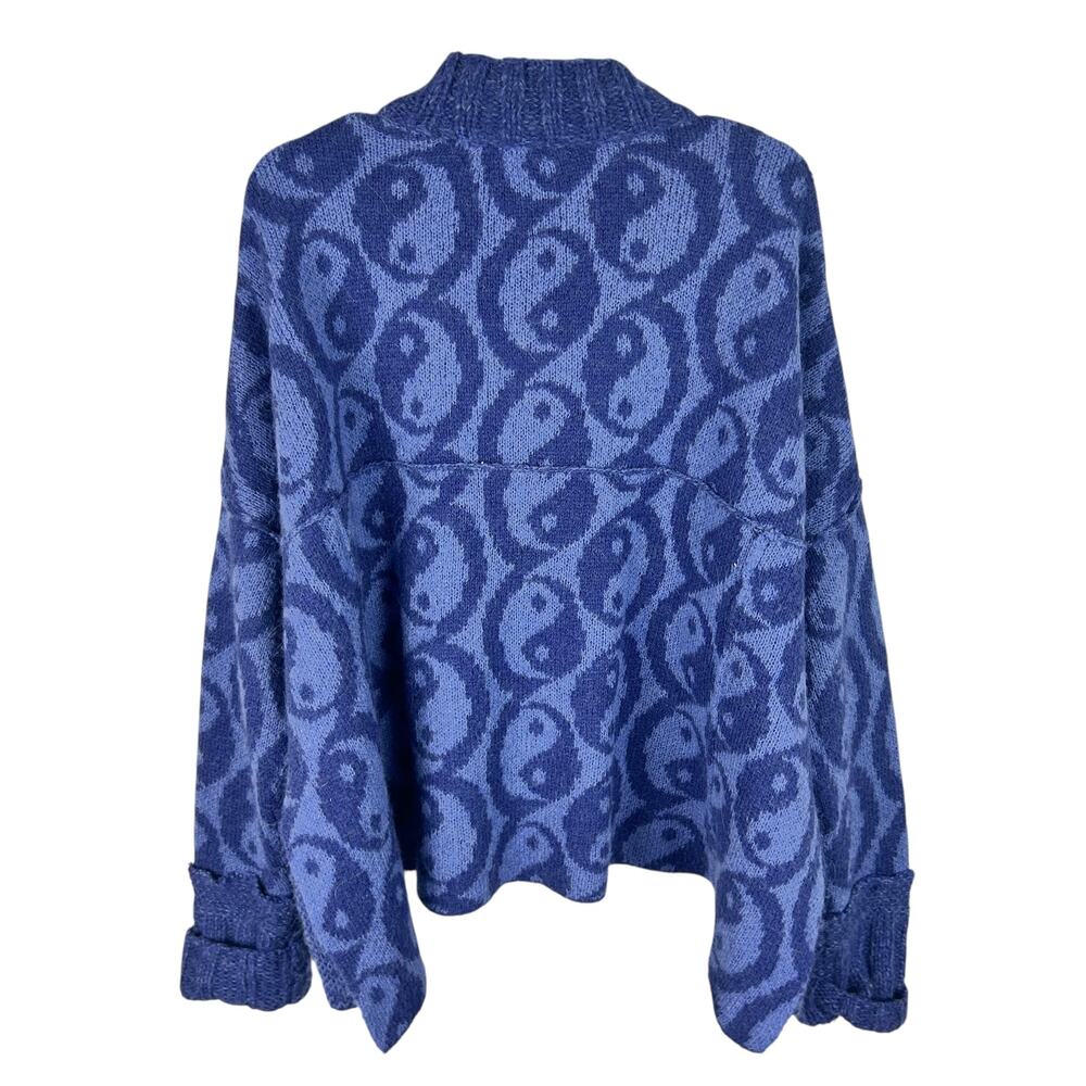 Free People Navy Blue Alpaca Wool Blend Long Sleeve Mock Neck Yin Yang Sweater M - Picture 4 of 9